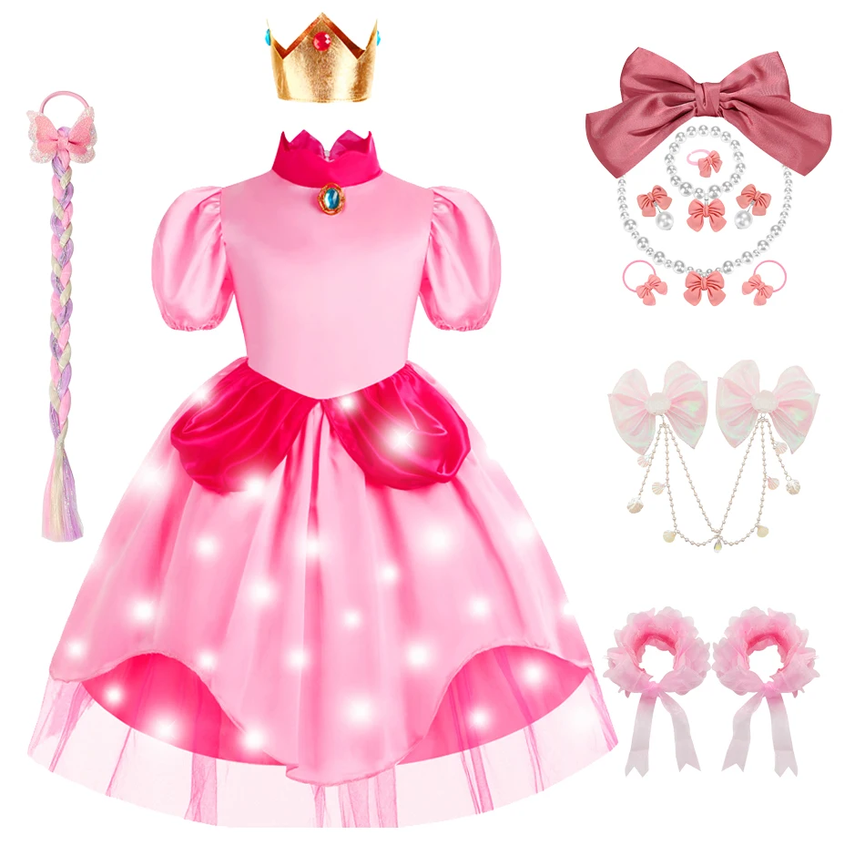 Rosa Prinzessinnenkleid für Kinder mit Puffärmeln und Tiara, Halloween-Geburtstagsparty-Kostüm für Mädchen, Ballkleid, pfirsichfarbenes Prinzessinnenkleid