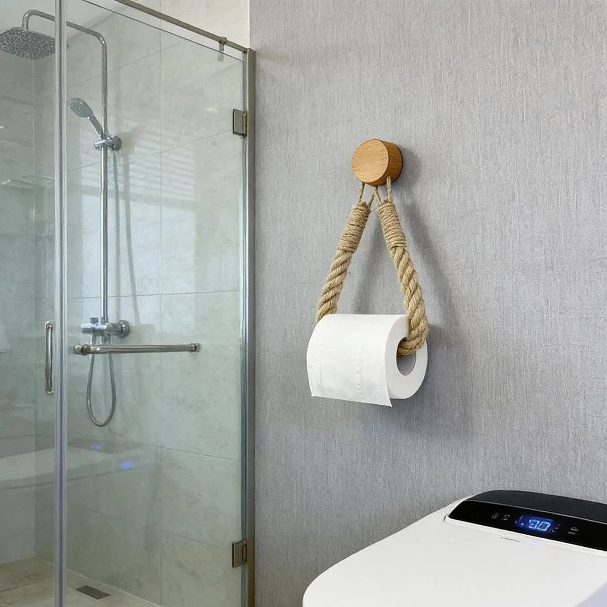 

1Pc Hemp Rope Towel Rack, Creative Retro Wall-Mounted Toilet Paper Holder with Wooden Hooks, Beach-Themed Home Bathroom Decor - No Drilling Required.
