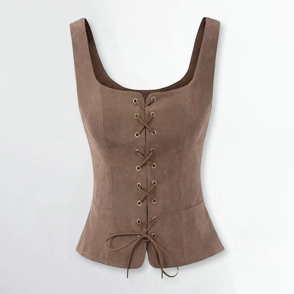 

Women Vintage Faux Suede Square Neck U-Back Lace-up Front Vest Coat Waistcoat Renaissance Cosplay Costume