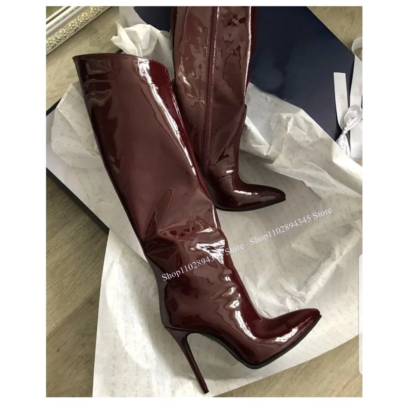 Brown Patent Leather Knee High Boots Thin High Heel Pointed Toe Fashion Sexy Cool Winter Big Size Woman Shoes Zapatillas Mujer