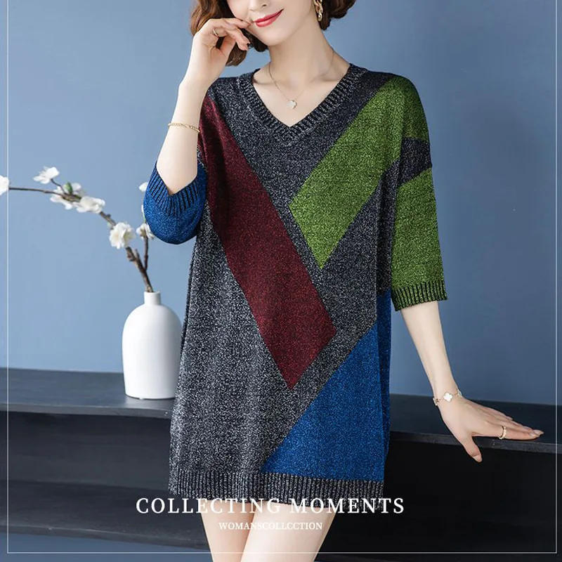 Elegant Fashion Contrast Color Patchwork V Neck Half Sleeve Pullover Knitwears Women 2023 Spring Summer Loose Tunic Ladies Tops