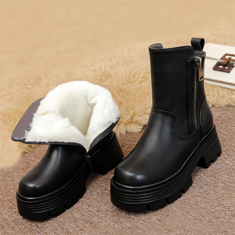 AIYUQI Women Boots Platform Large Size Thick Sole Fashion Women Winter Boots Thick Wool Warm Genuine Leather Women Ankle Boots