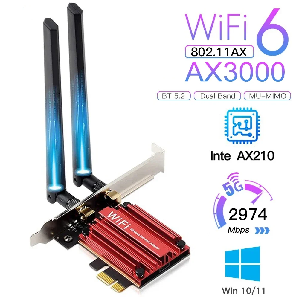 Adaptador WiFi 6 AX3000 de doble banda, tarjeta de red inalámbrica Bluetooth 5,2, adaptador PCIE 802.11AC 2,4G 5Ghz para Chip de escritorio AX200