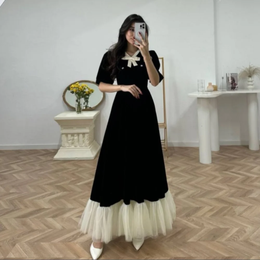 

customized Bow A-line Simple Prom Dresses Draped V-neck Anke length Evening Dresses Jersey Pleat Fashion Party Dresses