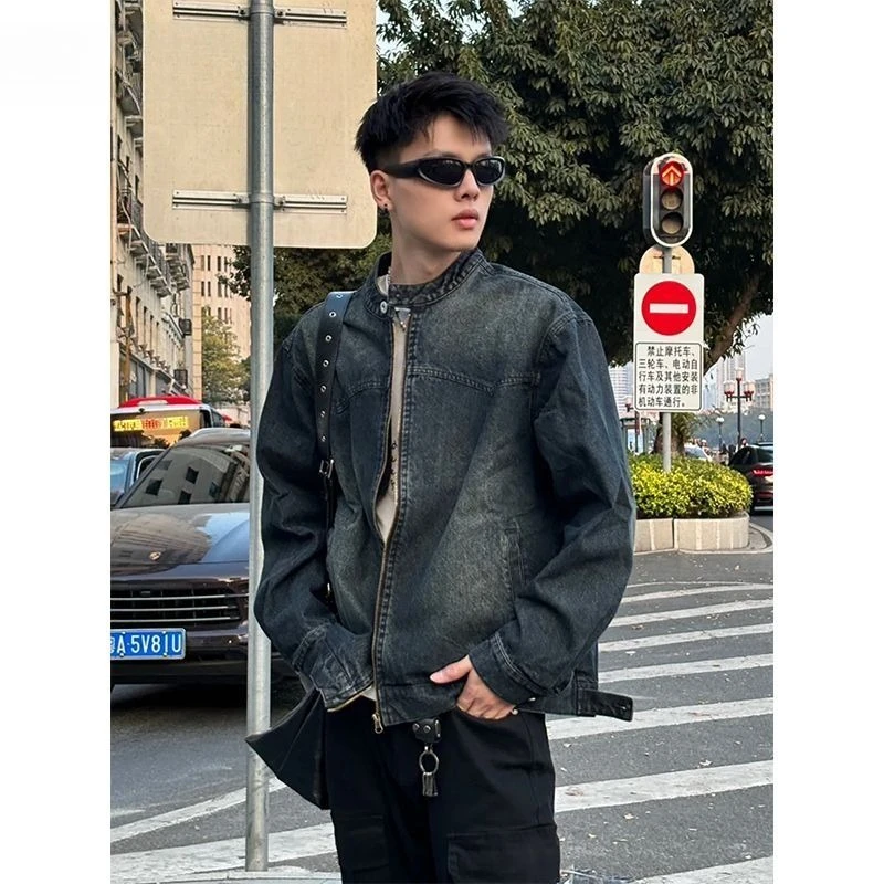 

American retro old washing loose denim jacket men 2025 autumn new trendy brand street motorcycle jacket women