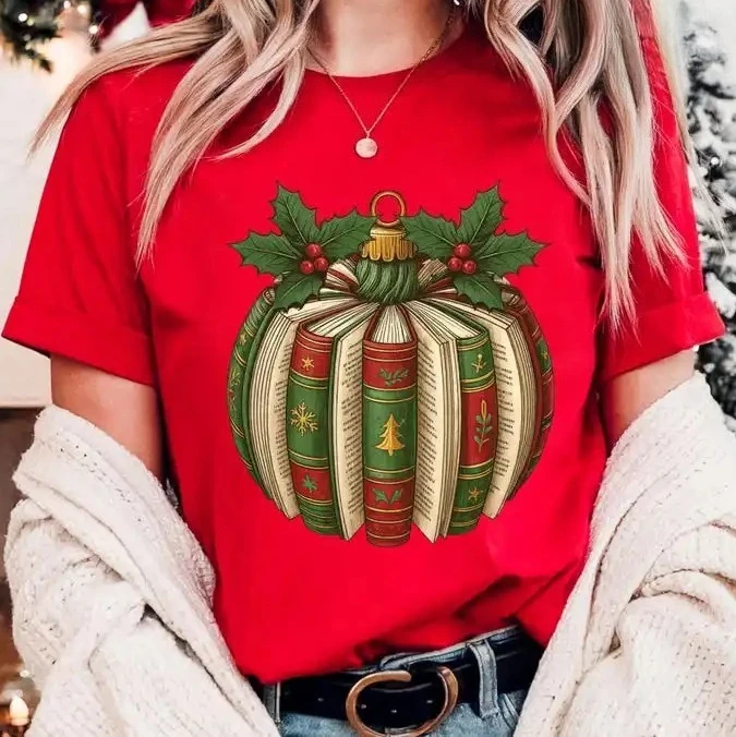 Libro de Navidad calabaza camiseta para mujer Retro invierno Navidad libro camisa Navidad camisa Harajuku manga corta Casual