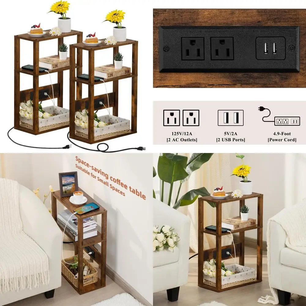 

Charging Station Nightstand Set for Small Spaces - 2-Piece Slim Wood Side Tables with Skinny Bedside Storage