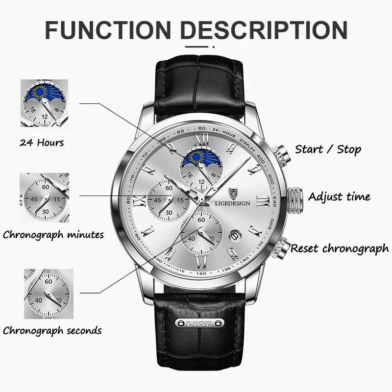 LIGE Business Leather Man Wristwatch Top Brand Lxuruy Quartz Watch for Men Moon Phase Luminous Chronograph Mens Watches Male