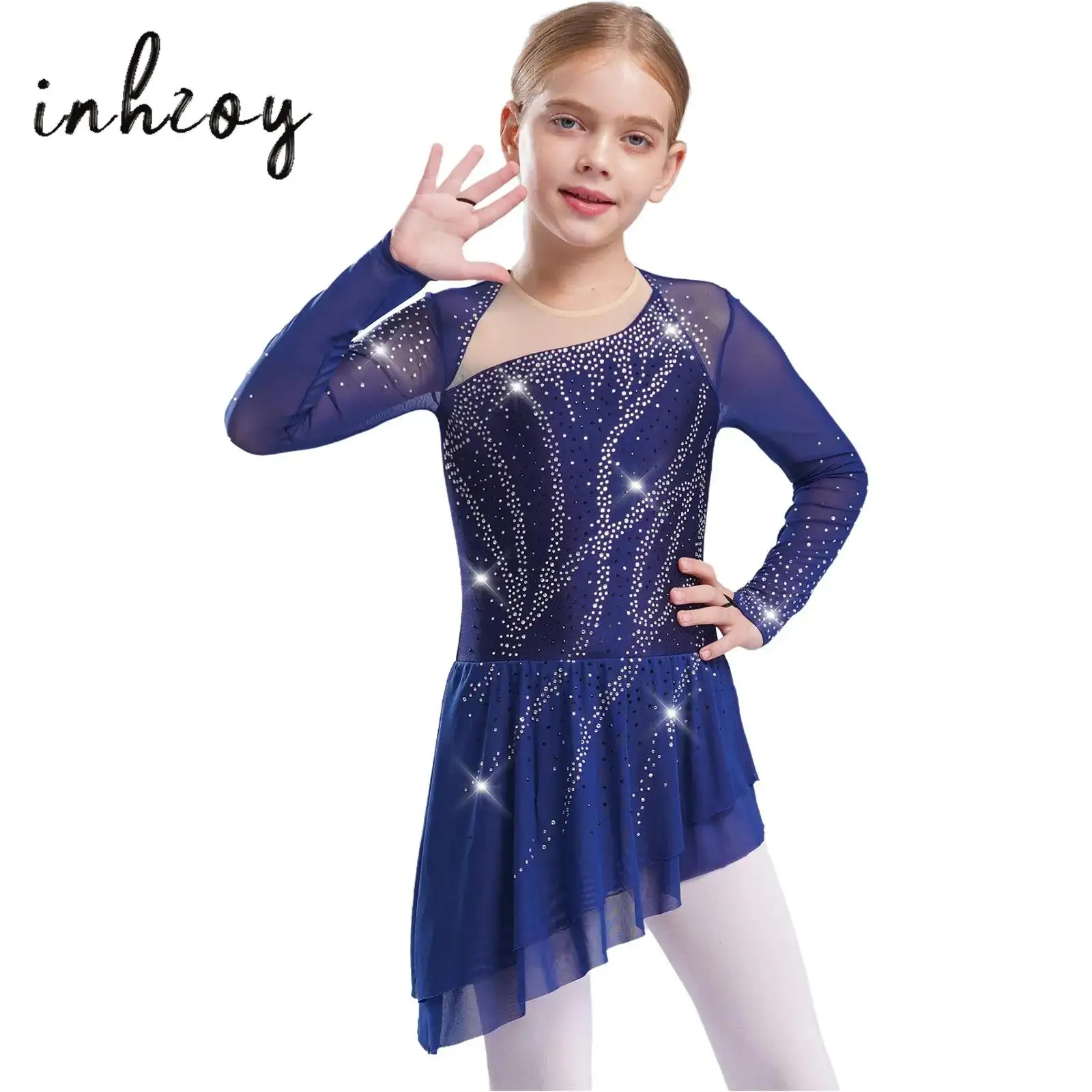 

Kids Girls Modern Lyrical Dance Dresses Sheer Mesh Long Sleeves Cutout Back Asymmetric Hem Dress Figure Skating Ballet Dancewear