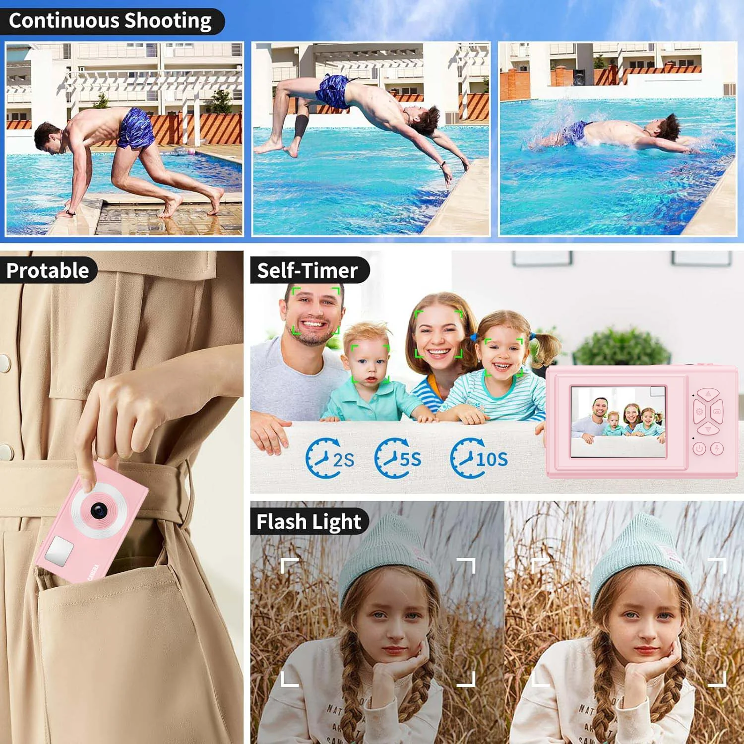 Câmera CCD com Ring Fill Light para crianças, brinquedos educativos, presentes de aniversário, cartão de 64GB, 44MP, vídeo 1080P