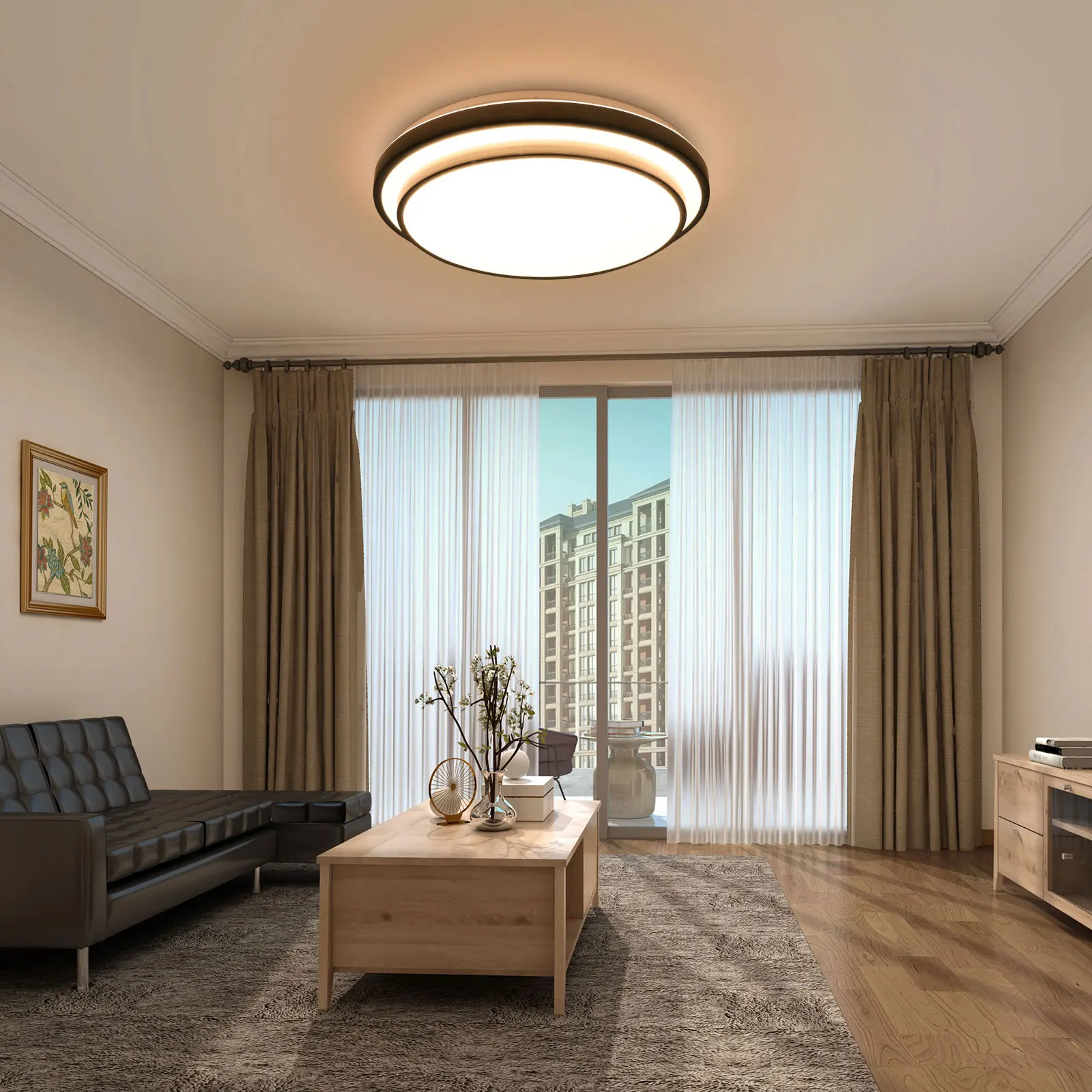 Ceiling Lights with LED, White & Silver, Remote Control, Adjustable Brightness, Stylish Double-Layer Design for Living Room