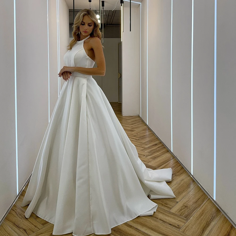 

High Quality Halter Satin A Line Wedding Dresses Backless Sweep Train Custom Made Bridal Grown 2025 Vestido De Noival