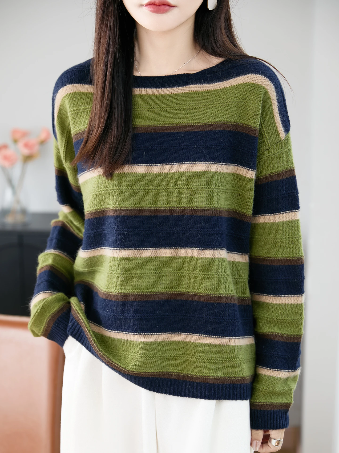 New Fashion Autumn Winter Woman Sweater Elegant Female Merino Wool Knitwear Striped Pullover Ladies Long Sleeve Clothing Tops