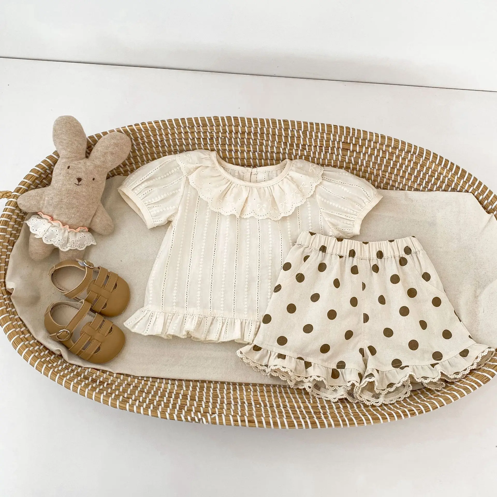 2026 Summer Baby Girl Polka Dot 2PCS Outfit Ruffle Collar Top + Shorts Set Toddler Casual Cotton Lace Trim Clothes