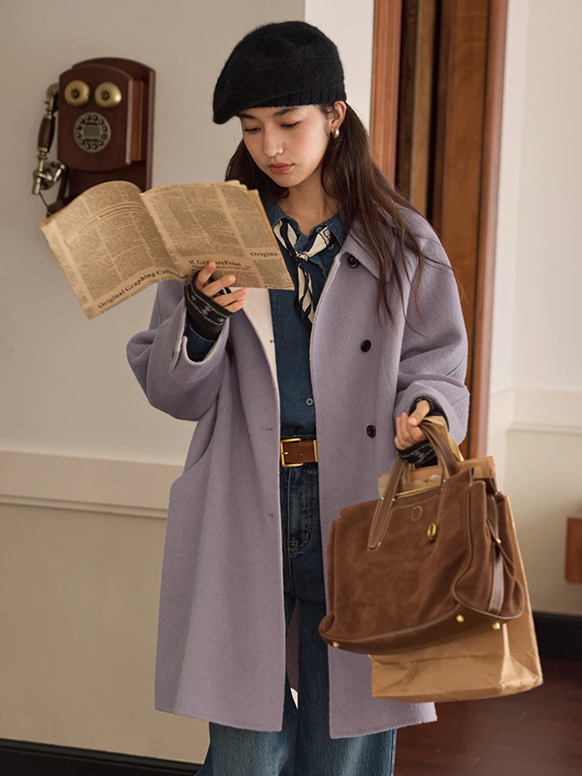 

Solighter Handmade Purple Woolen Double-Faced Coat Women's Autumn Winter New Sle Small Size Knitwear Vintage Loose Fit