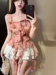 Spicy Girl Bow Print Camisole Top Women Ribbon Ruffled Edge Collarbone Sleeveless Slim Sweet Fashion Summer Chic Lady Gentle Top