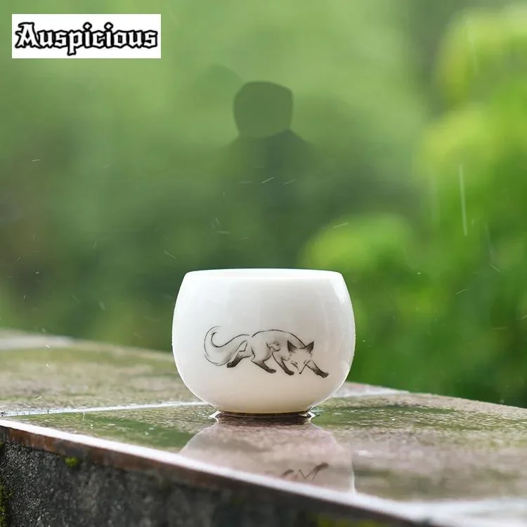 120ml Creative Ink Fox Teacup Elegant White Porcelain Tea Bowl Fragrance Cup Coffee Mug Master Cup Tableware Accessories Craft