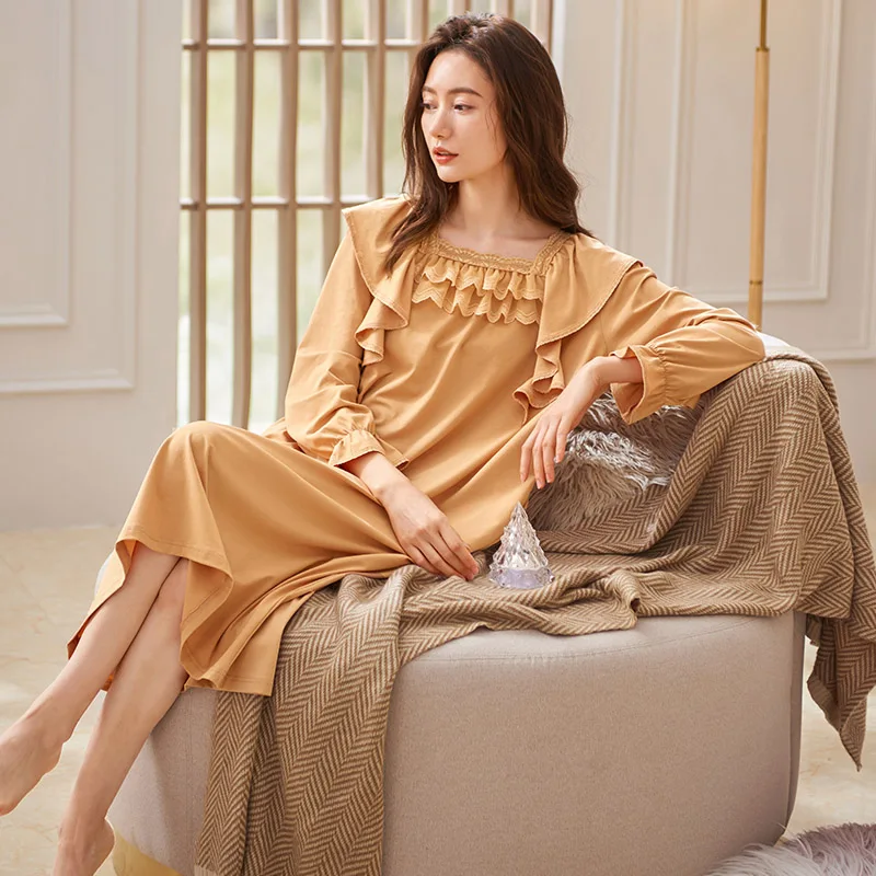 

Autumn Lace Princess Square Neck Night Dress Women Nightgown M-3XL Sleepshirts Long-sleeves Nightie Nightdress Cotton Sleepwear