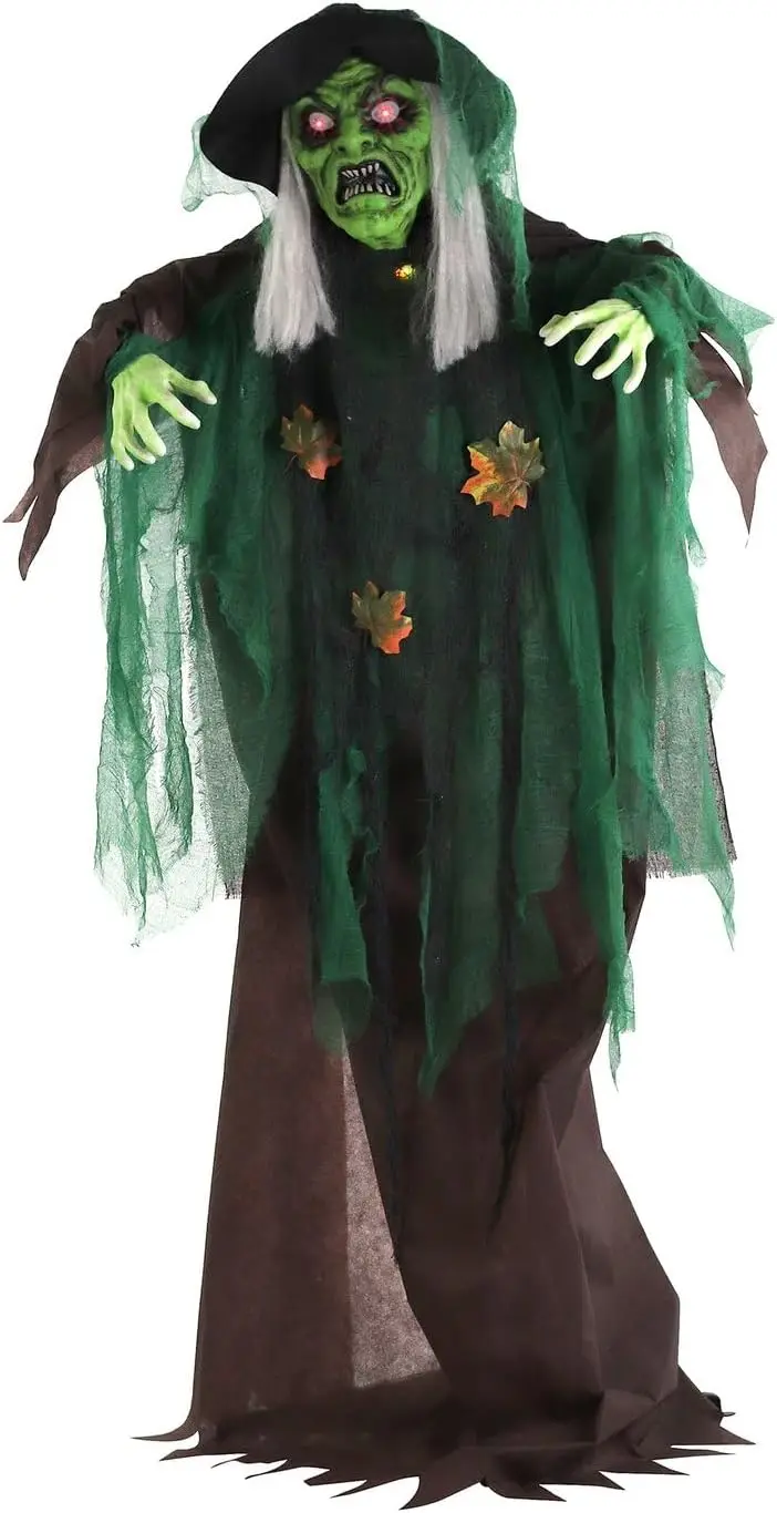 Halloween Animatronic Talking Forest Witch Prop with Lights and Motion, Battery Operated Scary Decoration for Indoor or Covered Outdoor Use, Creepy Halloween Props for Home