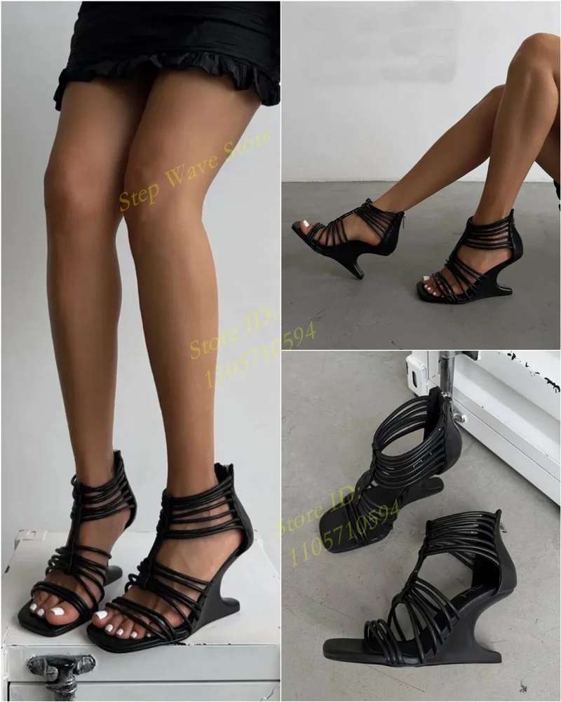 Black Narrow Strap Sandals Strange Style Square Toe Back Zip Runway 2026 Summer Women Dress Shoes Handmade New Arrivals image 4
