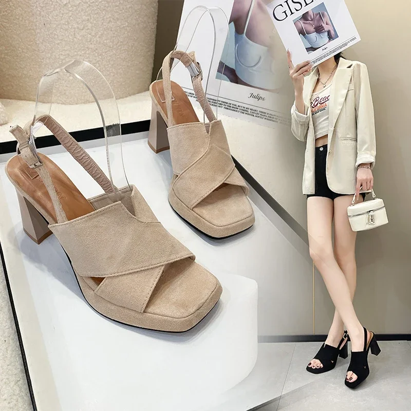 Thick heeled square toe Roman sandals for women's 2024 summer new British style one line buckle suede fashion high heels