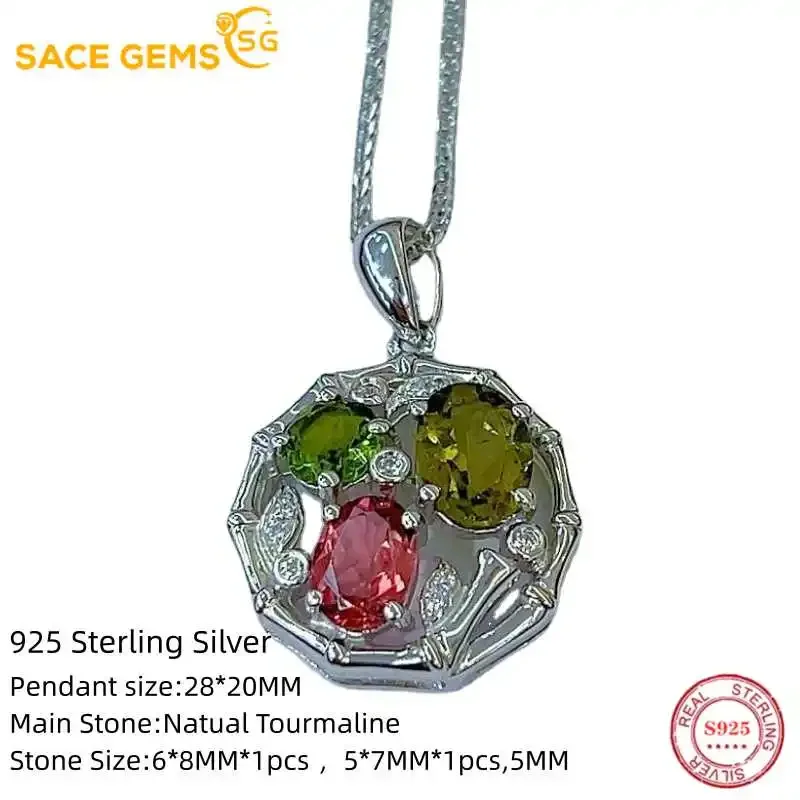 SACE GEMS Luxury 925 Sterling Silver Certified 6*8MM Natual Tourmaline Pendant Necklace for Women Cocktail Party Fine Jewelry