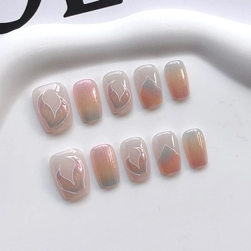 10pcs Short T Blue Mermaid Cat\'s Eye Handmade  Press on Nail False Nails Square Head Girl Lady Wearable Detachable Nail Tips