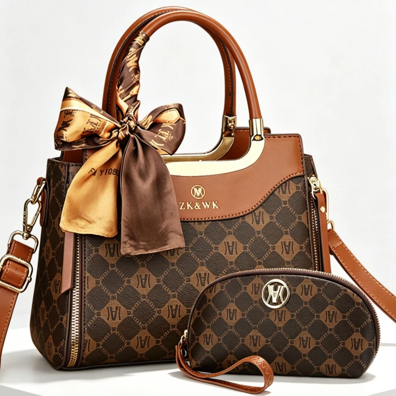 Fashion Printed 3-Piece Women's Handbag Set. The color-blocked bucket bag comes with an adjustable shoulder strap.