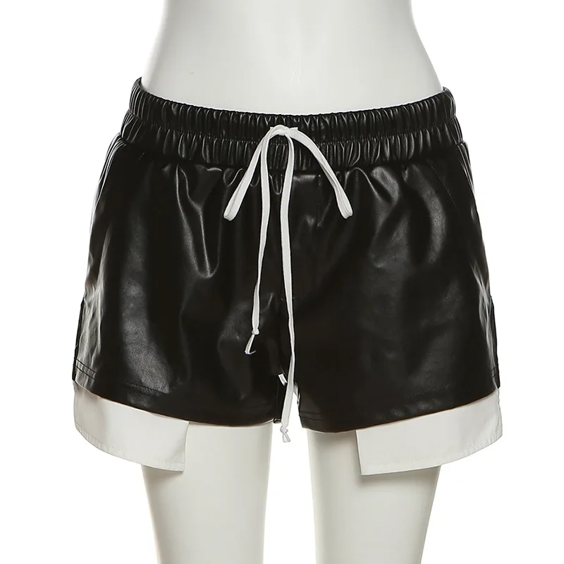 2024 Summer Women's New Fashion Contrast Color Imitation Leather Lace up High Waist Wrap Hip Tight Casual Shorts for Women