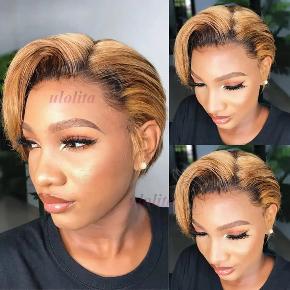 1B 30 Blonde Kurze Bob-Pixie-Cut-Perücke, glattes Echthaar, transparente Spitzenperücke für schwarze Frauen, gerade kurze Bob-Perücke, 150% Dichte – Detail 7