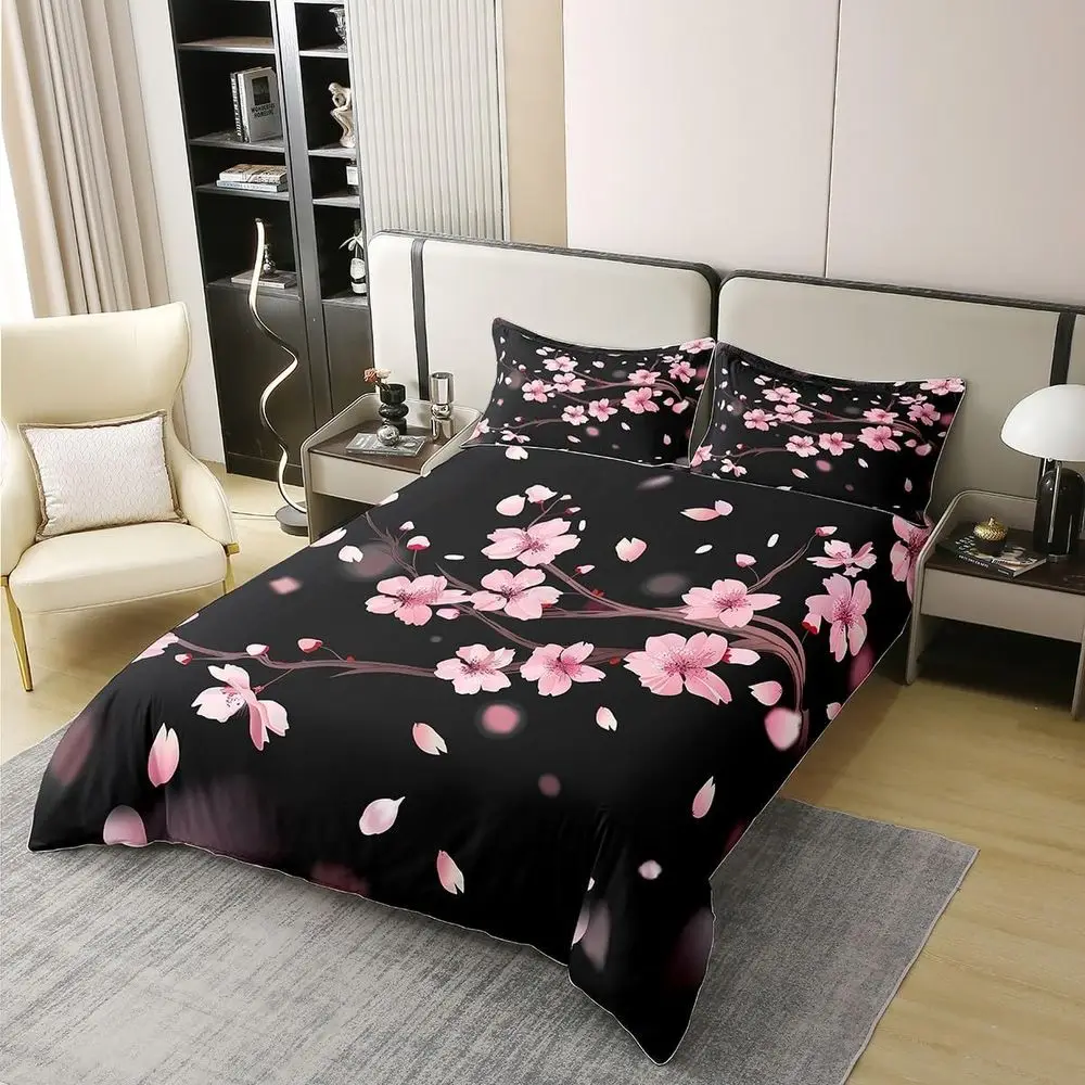 Set Sprei Katun 100% Motif Bunga Sakura Jepang Warna Pink dan Hitam