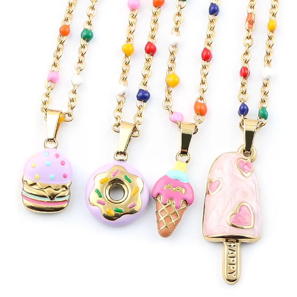 Cute Enamel Burger Donut Ice cream Popsicle Stainless Steel Pendant Necklace for Women Colorful Beads Chain Y2K Sweets Jewelry