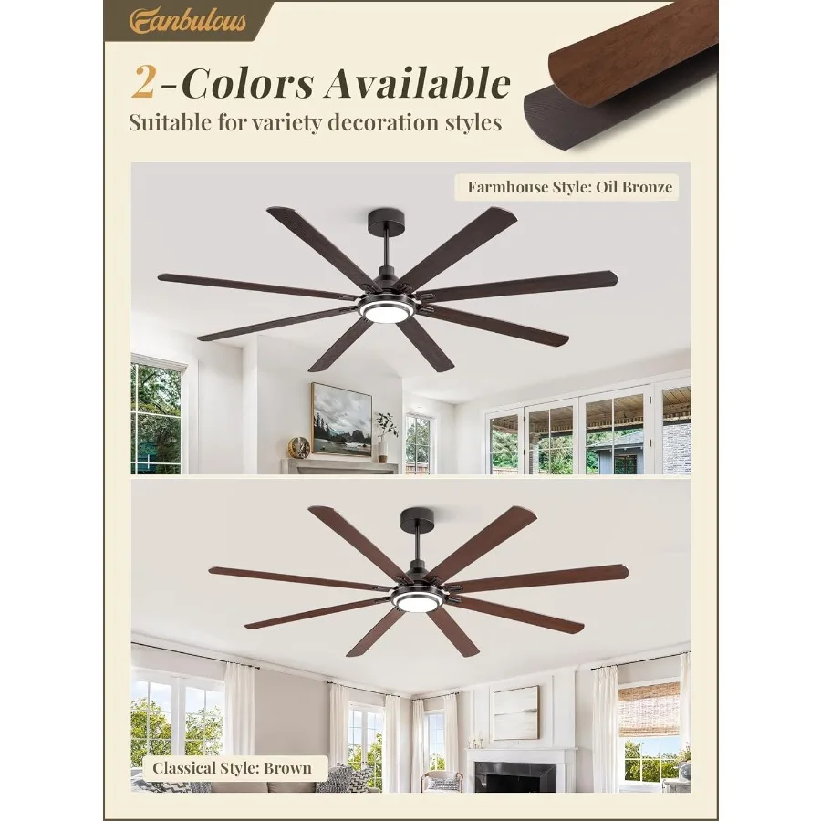 مراوح سقف مقاس 84 بوصة مع أضواء وجهاز تحكم عن بعد للاستخدام الداخلي والخارجي بلمسة نهائية برونزية زيتية مع 8 شفرات مزدوجة الألوان قابلة للعكس DC Moto