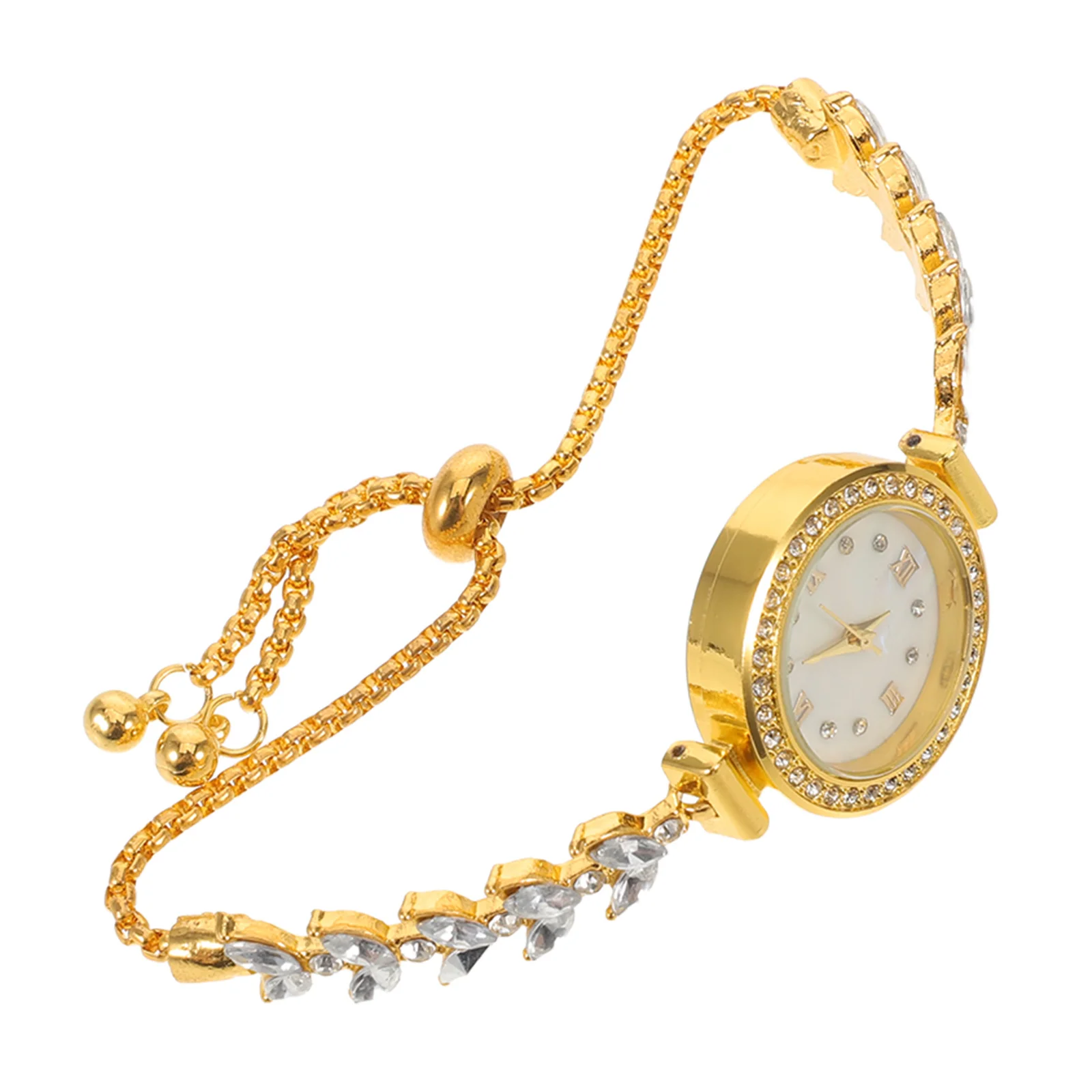 Rhinestone Bracelet Watches for Women: Elegant Gold Alloy Quartz Wristwatch with Round Dial Bling Dress Party Watch