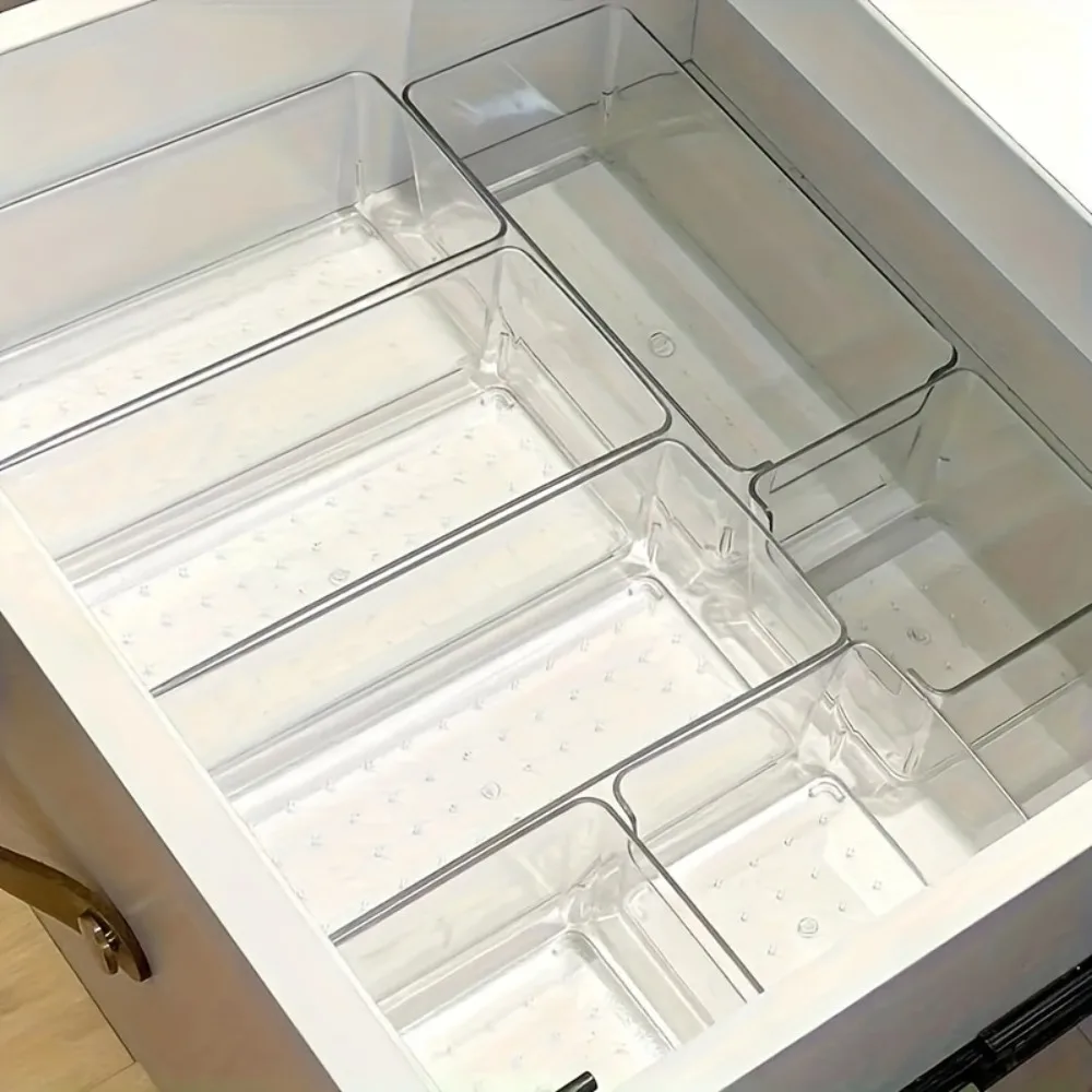 7pcs Clear Plastic Makeup Organizer for Countertop Stackable Drawer Dividers for Cosmetics Office Supplies Desk StorageOrganizer