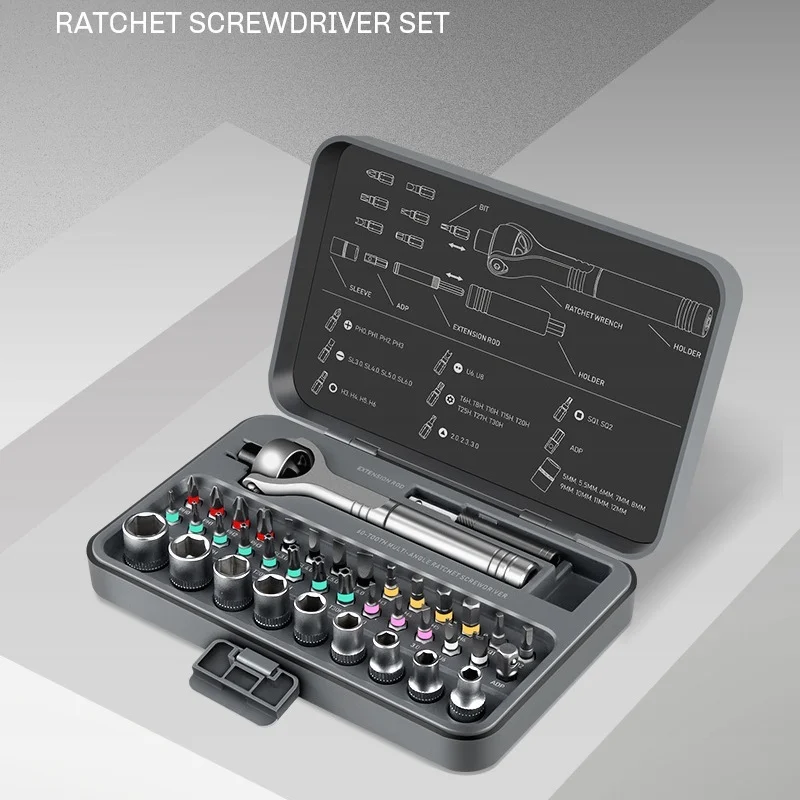 40 in 1 Magnetic Ratchet Screwdriver Set, 180° Rotating Head 60-Tooth Socket Wrench Tool Kit for Home Repair DIY