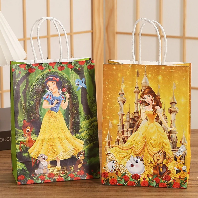 Disney Princess Theme Kraft Paper Bag With Handles Belle Snow White Gift Bags For Kids Guests Girl Birthday Party Decor Supplies