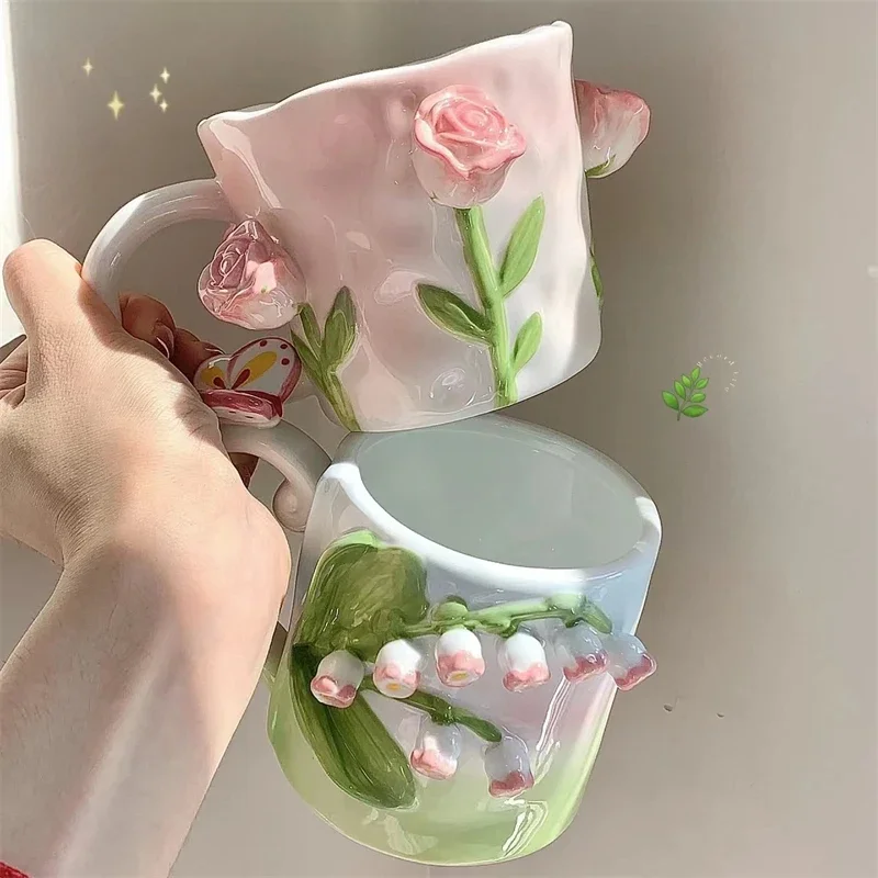 

Delicate Ins Tulip Rose Niche Design Embossed Ceramic Water Cup Female Flower High Beauty Milk Mug