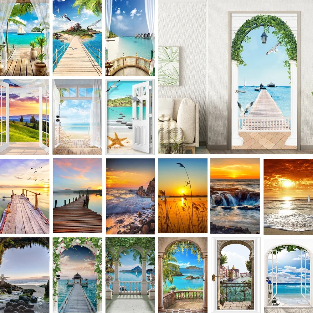 

Seaside Beach Landscape 3D Door Sticker Wallpaper, Arch Door View Stylish Seascape Mural for Wardrobe Closet Door Decoration