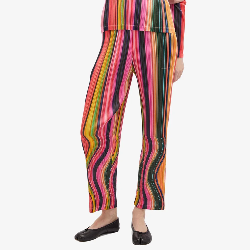 Fold Miyake Pleated Pink Warp Printed Straight Pants