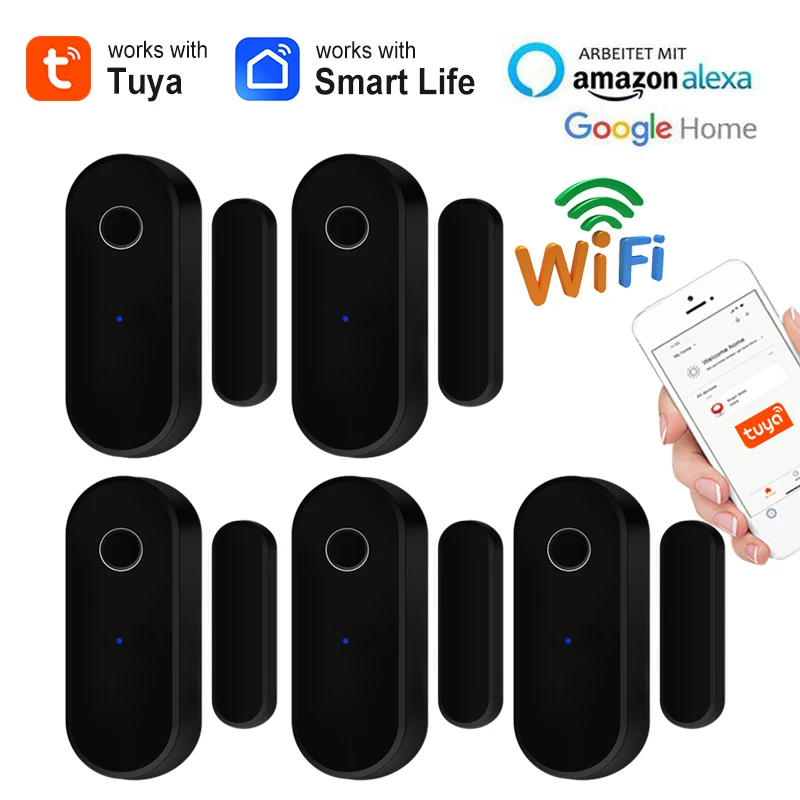 Tuya WiFi Door Open Close Detector Black Smart Life APP مستشعر نافذة الباب حماية أمن المنزل متوافق مع Alexa Google Home