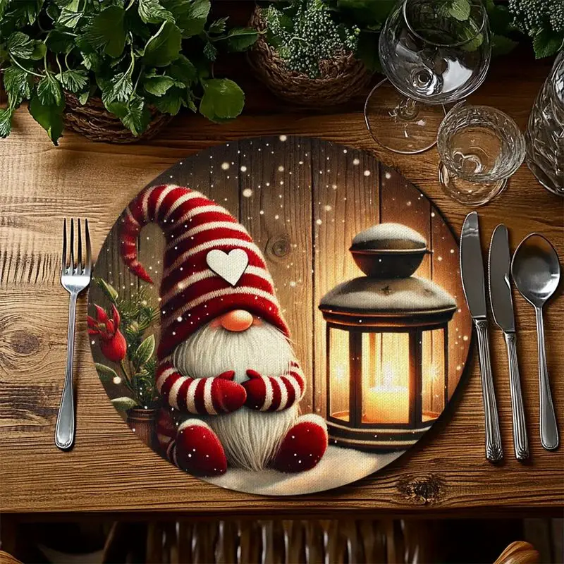 VIKAMA Gnome Lantern Snow Scene Round Placemat Wooden Background Red Striped Hat Heart Light Snowflake Christmas Table Mat Decor