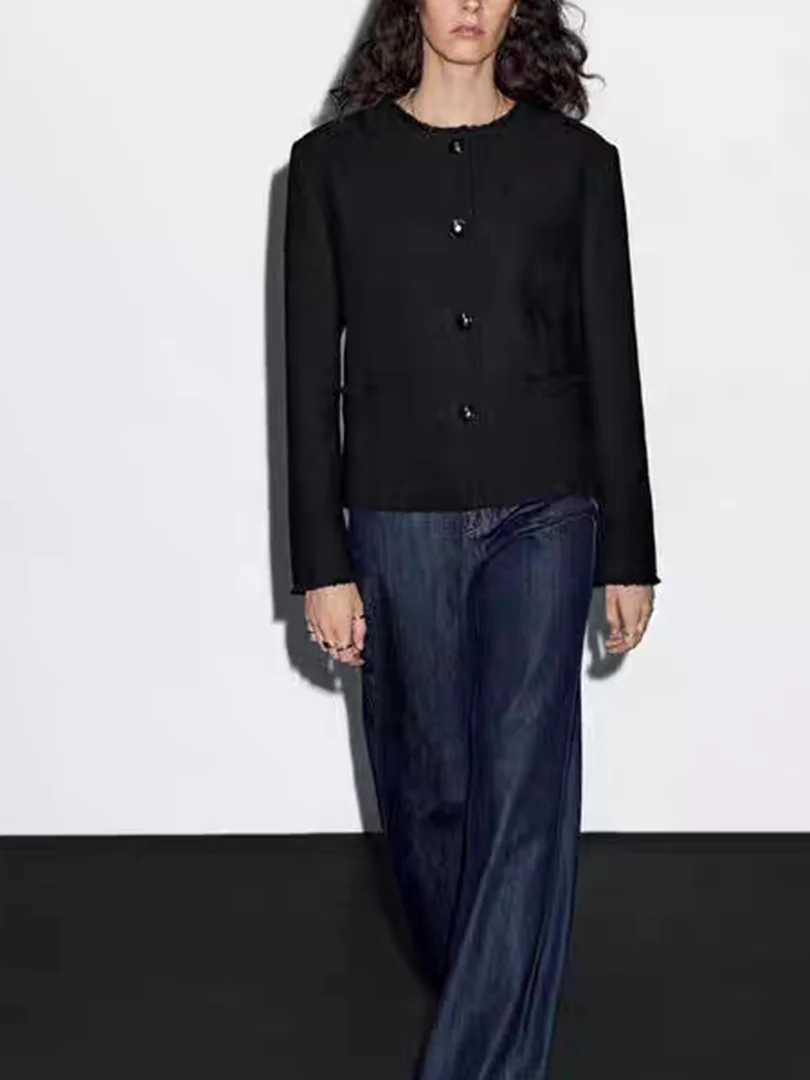 

Женская демисезонная куртка MD: новая модель, простой дизайн, круглый вырез, черная, для повседневной носки, укороченная, верхняя одежда, модный крой.