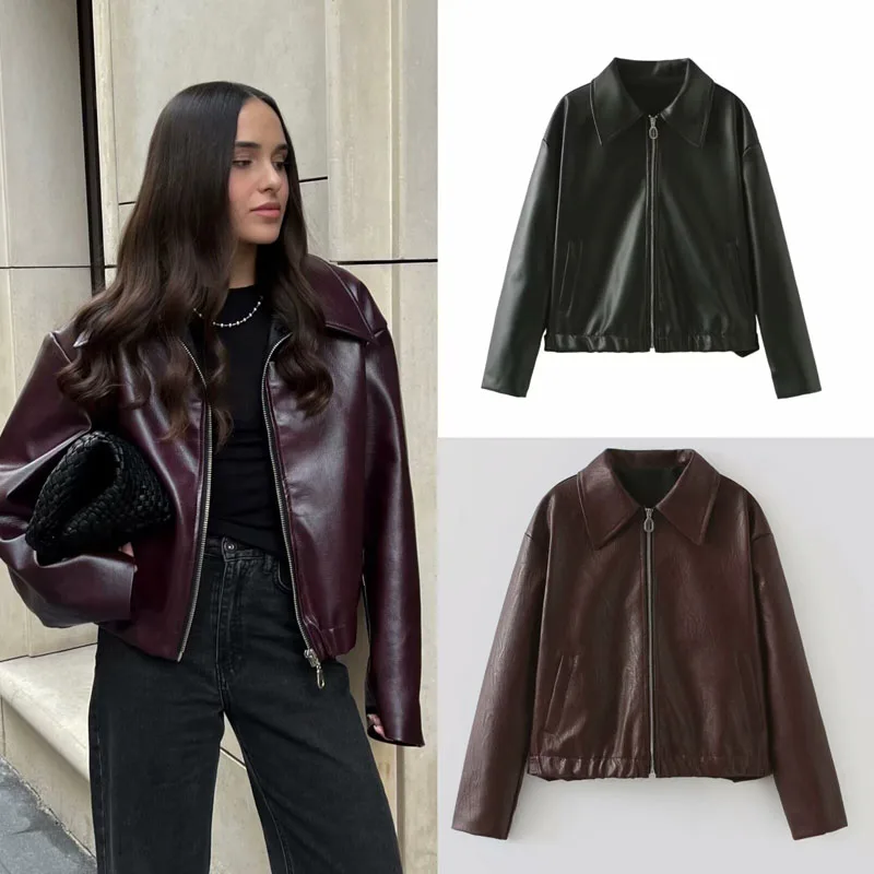 

BWQ Women American Style Vintage Solid Bordeaux Red Short Jacket Women's Zipper Long Sleeve Chic Leather Jacket 2025
