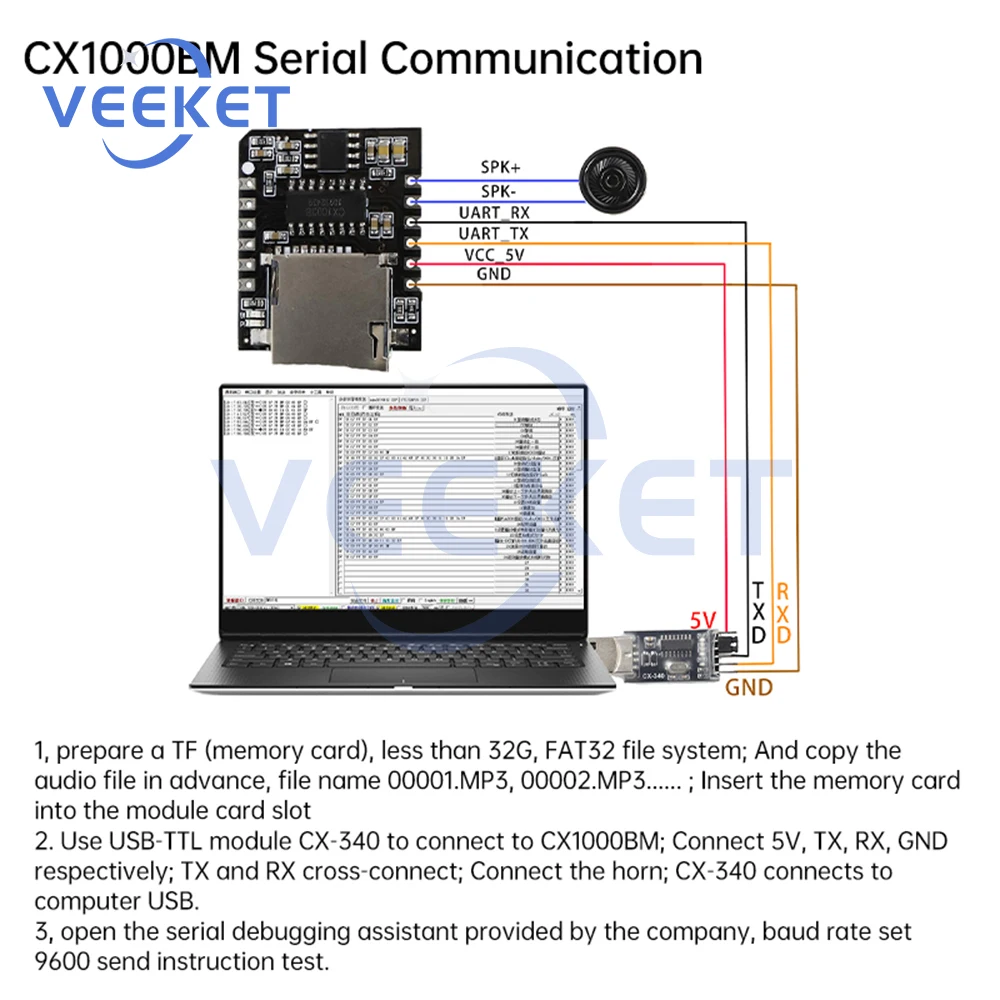 CX1000BM Serial Port MP3 WAV Voice Chip Module Voice Broadcast Custom Audio Module Supports TF Card D-class Amplifier Board