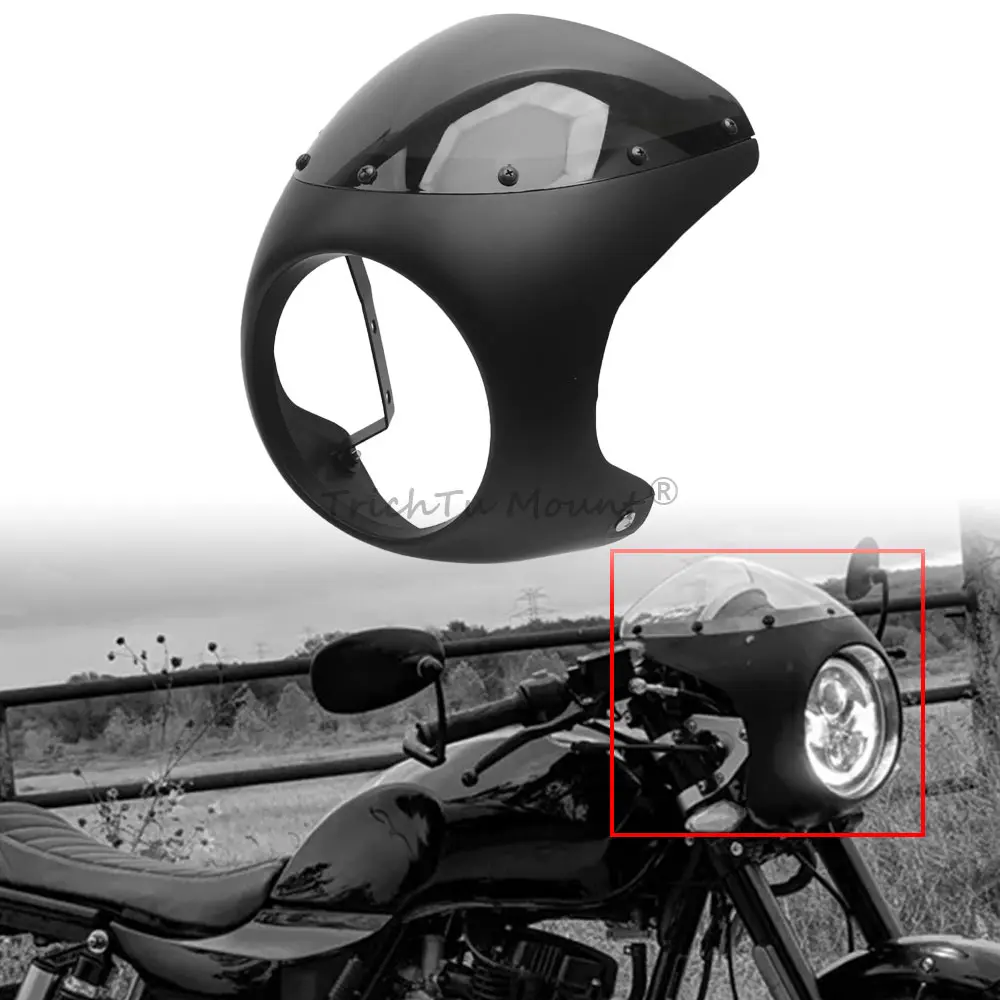 

Sturdy Abs Body And Plexiglas Windshield Fairing Will Fit Most Bikes Fitted With 7" Round Headlight Matte Black With Smoke Lens