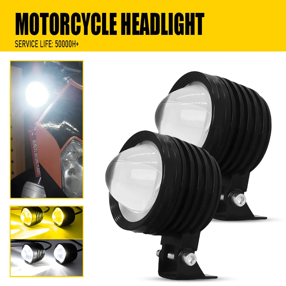 

2x 20W Motorcycle Headlight Fog Lights LED Auxiliary Driving Spotlight Lamp Universal Round Dual Color White Yellow Light 12-80V