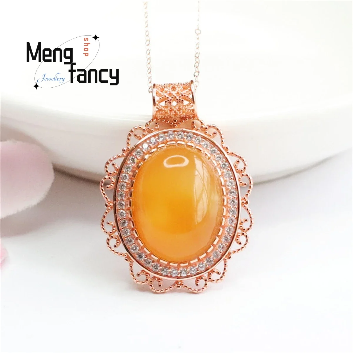 

Natural S925 Silver Inlaid Brown Red Full Honey Wax Amber Necklace Simple Elegant Personalized Fashion Exquisite Luxury Jewelry