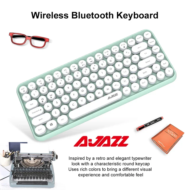 Ajazz 308I Wireless Bluetooth Keyboard 84 Keys Multi-Device Portable Keyboard Retro Typewriter Round Keycaps for IOS Android Win