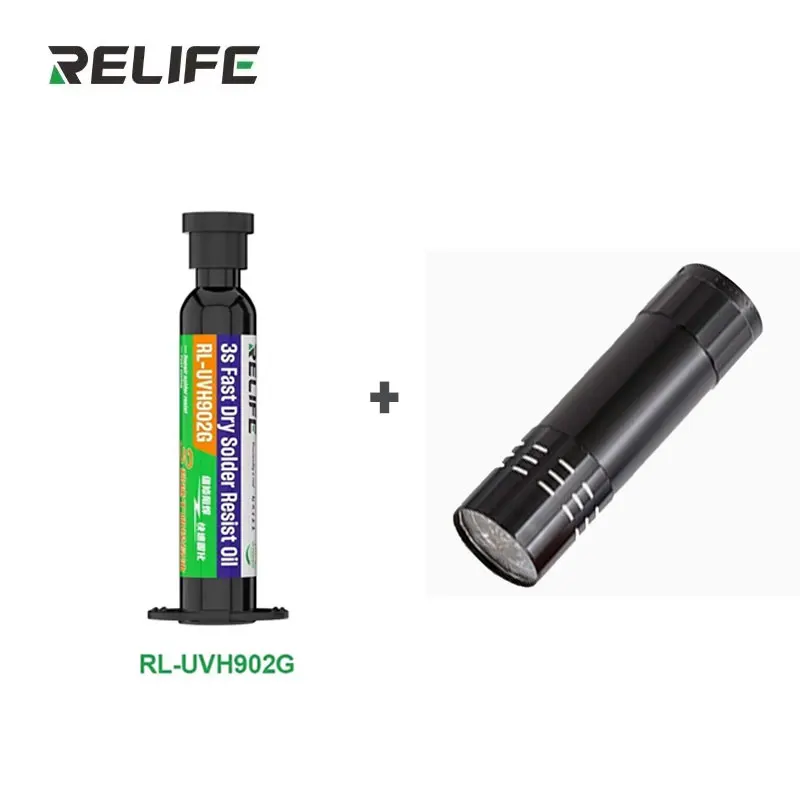RELIFE RL-UVH902 Schnell Härtender UV-Lötmaskenöl + UV-Härtungslicht 3S Schnelltrocknungs-Kit für Handy-PCB-BGA-Kabelreparatur